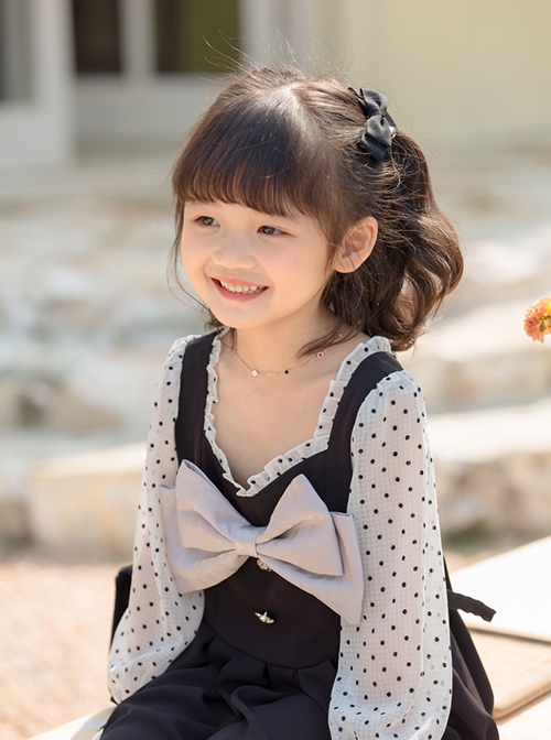 French Simple Fashion Bow Knot Decoration Long Sleeve Polka Dot Classic Lolita Kid Black Dress