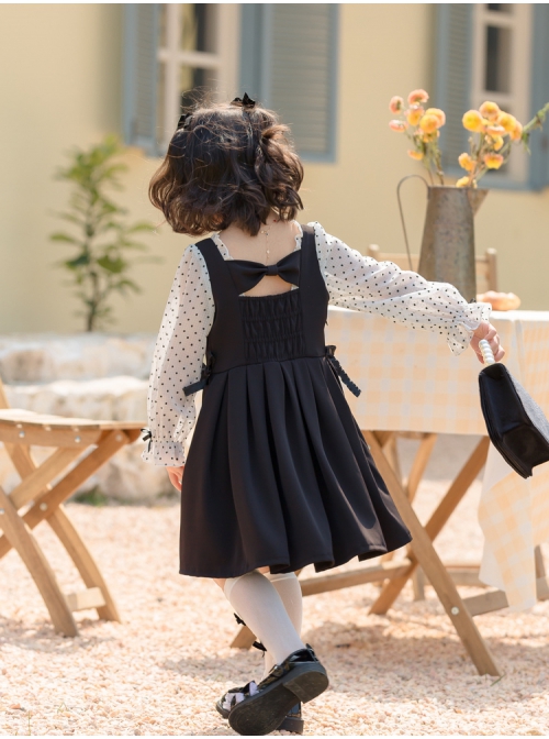 French Simple Fashion Bow Knot Decoration Long Sleeve Polka Dot Classic Lolita Kid Black Dress