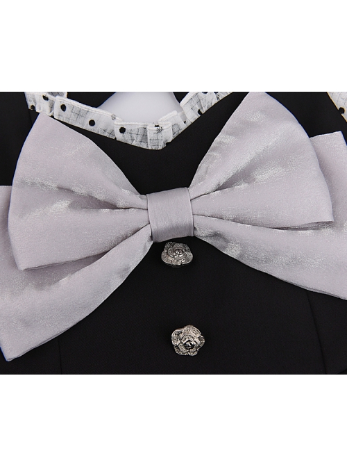 French Simple Fashion Bow Knot Decoration Long Sleeve Polka Dot Classic Lolita Kid Black Dress