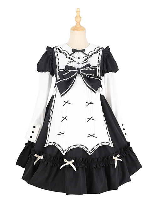 Classic Lolita Retro White Apron Decoration Demon Maid Style Pleated Bow Knot Black Doll Dress