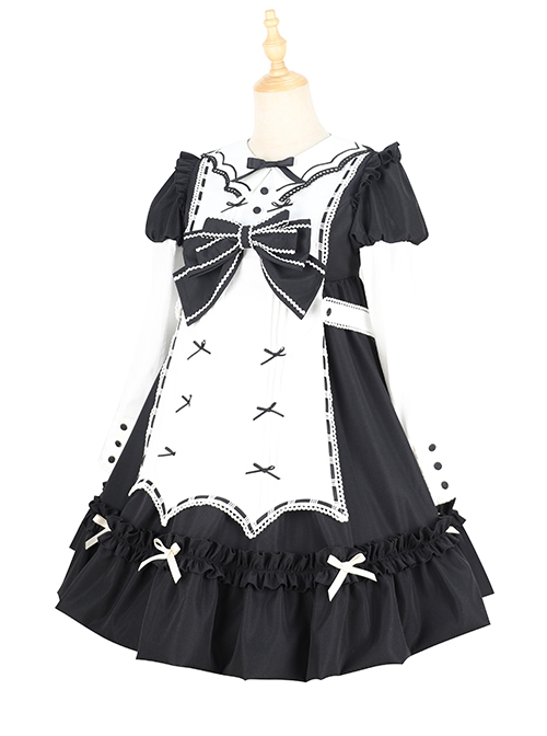 Classic Lolita Retro White Apron Decoration Demon Maid Style Pleated Bow Knot Black Doll Dress