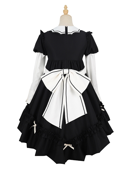 Classic Lolita Retro White Apron Decoration Demon Maid Style Pleated Bow Knot Black Doll Dress