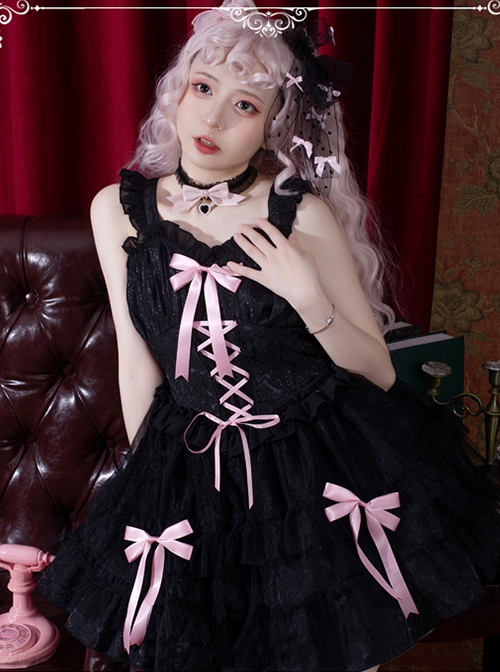 Dark Jacquard Design Crinkled Pink Tie Bow Trim Cute Classic Lolita Slip Dress