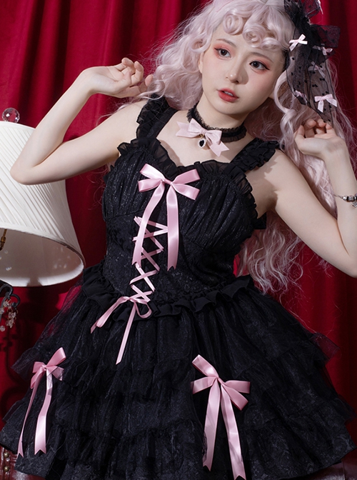 Dark Jacquard Design Crinkled Pink Tie Bow Trim Cute Classic Lolita Slip Dress