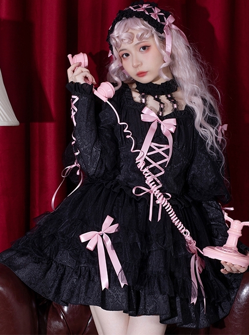 Classic Lolita Dark Jacquard Design Crinkled Pink Tie Bow Trim Cute Girl Puff Sleeves Dress