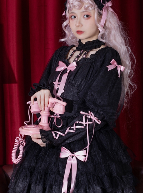 Classic Lolita Dark Jacquard Design Crinkled Pink Tie Bow Trim Cute Girl Puff Sleeves Dress