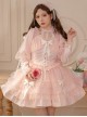 Classic Lolita Dark Jacquard Design Crinkled Pink Tie Bow Trim Cute Girl Puff Sleeves Dress