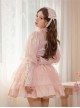 Classic Lolita Dark Jacquard Design Crinkled Pink Tie Bow Trim Cute Girl Puff Sleeves Dress