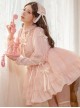 Classic Lolita Dark Jacquard Design Crinkled Pink Tie Bow Trim Cute Girl Puff Sleeves Dress