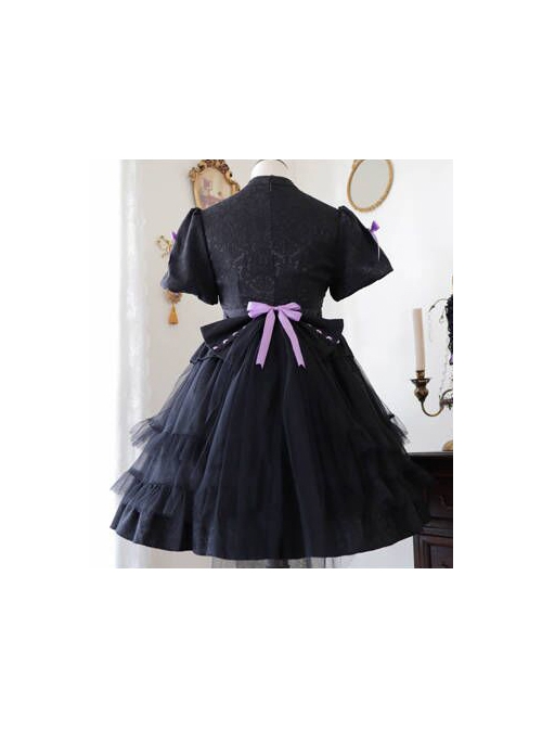 Bow Print Graphic Decoration Small Shawl Chinese Style Buckle Design Pleated Fluffy Lace Hem Classic Lolita Short Sleeve Dress