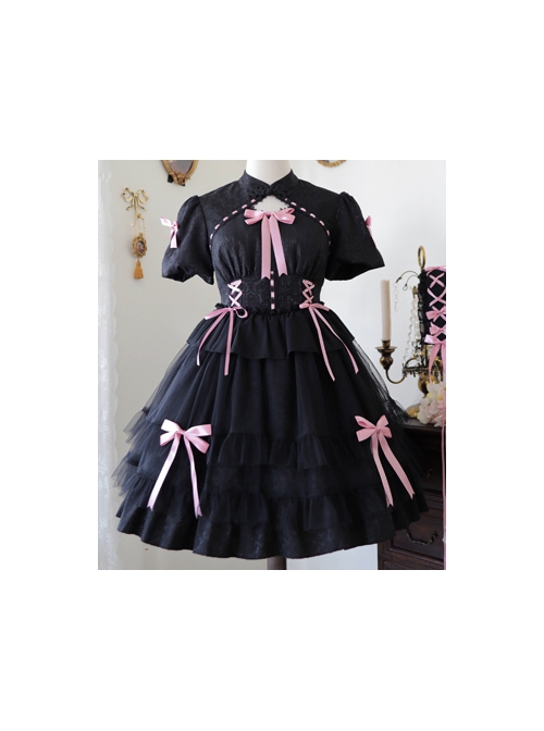 Bow Print Graphic Decoration Small Shawl Chinese Style Buckle Design Pleated Fluffy Lace Hem Classic Lolita Short Sleeve Dress