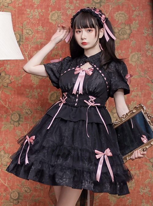 Bow Print Graphic Decoration Small Shawl Chinese Style Buckle Design Pleated Fluffy Lace Hem Classic Lolita Short Sleeve Dress