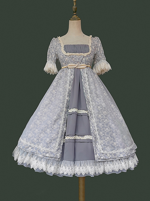 Vintage White Fragment Floral Print Decoration Lace Jacquard Cuffs Square Neckline Classic Lolita Dress