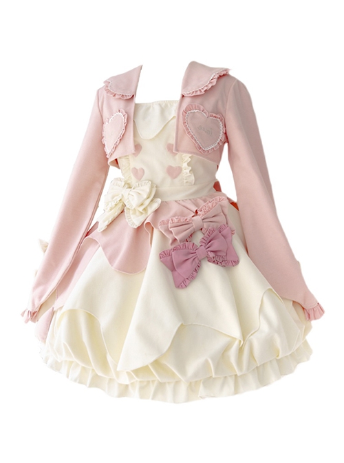 Cute Heart Shape Design Pink Pleated Bow Irregular Cut Decoration Pleated Ruffle Sweet Lolita Slip Dress Set