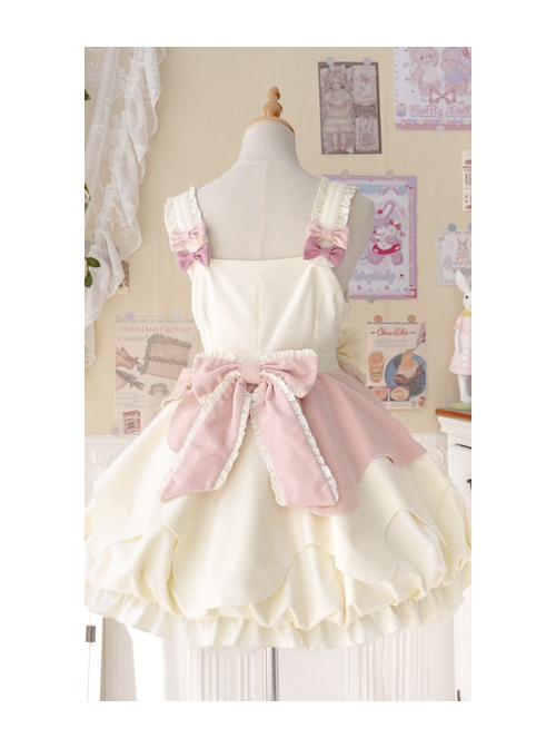 Cute Heart Shape Design Pink Pleated Bow Irregular Cut Decoration Pleated Ruffle Sweet Lolita Slip Dress Set