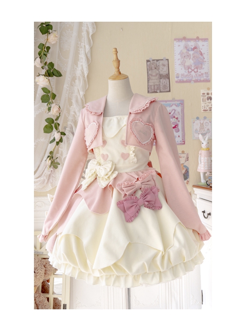 Cute Heart Shape Design Pink Pleated Bow Irregular Cut Decoration Pleated Ruffle Sweet Lolita Slip Dress Set