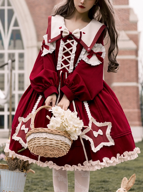 Red Pentagram Design Cute Big Lapel Neckline Bow Decoration Pleated Ruffle Trim Classic Lolita Long Sleeve Dress