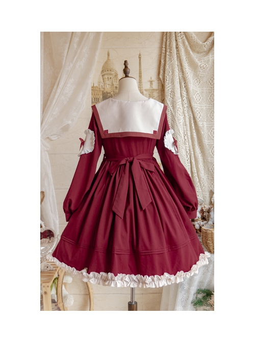 Red Pentagram Design Cute Big Lapel Neckline Bow Decoration Pleated Ruffle Trim Classic Lolita Long Sleeve Dress