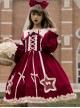 Red Pentagram Design Cute Big Lapel Neckline Bow Decoration Pleated Ruffle Trim Classic Lolita Long Sleeve Dress