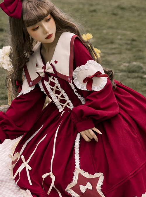 Red Pentagram Design Cute Big Lapel Neckline Bow Decoration Pleated Ruffle Trim Classic Lolita Long Sleeve Dress