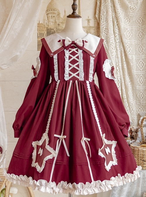 Red Pentagram Design Cute Big Lapel Neckline Bow Decoration Pleated Ruffle Trim Classic Lolita Long Sleeve Dress