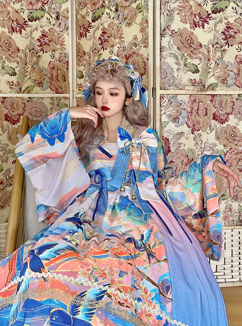 Chinese Style Delicate Gilt Graphic Print Decoration Pleated Bow Knot Classic Lolita Slip Dress Set