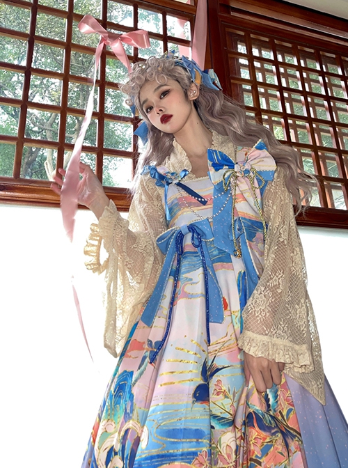 Chinese Style Delicate Gilt Graphic Print Decoration Pleated Bow Knot Classic Lolita Slip Dress Set