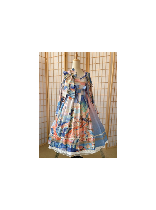 Chinese Style Delicate Gilt Graphic Print Decoration Pleated Bow Knot Classic Lolita Slip Dress Set