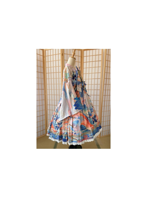 Chinese Style Delicate Gilt Graphic Print Decoration Pleated Bow Knot Classic Lolita Slip Dress Set