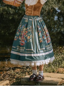 Vintage French Colorful Floral Print Decoration Elegant Pleated Ruffle Classic Lolita Long Skirt 