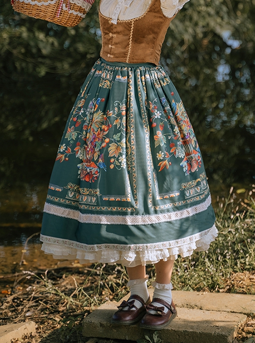 Vintage French Colorful Floral Print Decoration Elegant Pleated Ruffle Classic Lolita Long Skirt 