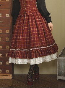 Classic Campus Plaid Design High Waist Buttons Trim Pleated Ruffle Lolita Skirt