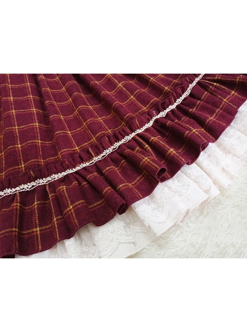 Classic Campus Plaid Design High Waist Buttons Trim Pleated Ruffle Lolita Skirt