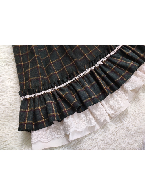 Classic Campus Plaid Design High Waist Buttons Trim Pleated Ruffle Lolita Skirt