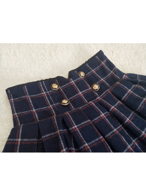 Classic Campus Plaid Design High Waist Buttons Trim Pleated Ruffle Lolita Skirt