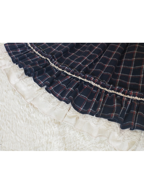 Classic Campus Plaid Design High Waist Buttons Trim Pleated Ruffle Lolita Skirt