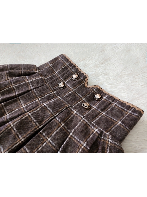 Classic Campus Plaid Design High Waist Buttons Trim Pleated Ruffle Lolita Skirt