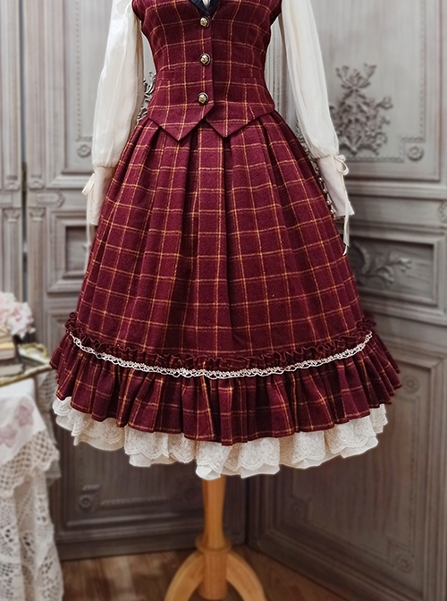 Classic Campus Plaid Design High Waist Buttons Trim Pleated Ruffle Lolita Skirt