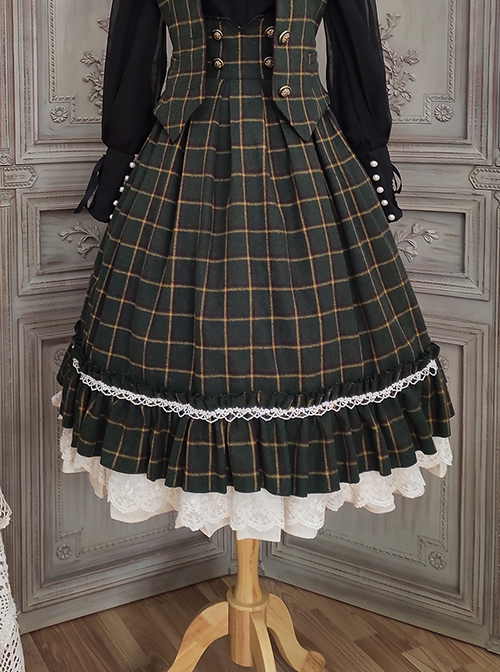 Classic Campus Plaid Design High Waist Buttons Trim Pleated Ruffle Lolita Skirt