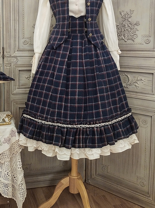 Classic Campus Plaid Design High Waist Buttons Trim Pleated Ruffle Lolita Skirt