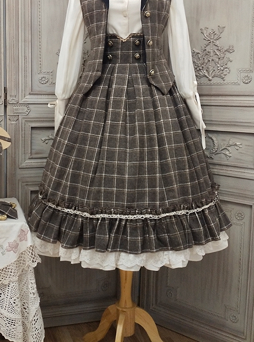 Classic Campus Plaid Design High Waist Buttons Trim Pleated Ruffle Lolita Skirt