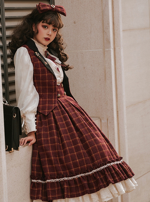 Classic Campus Plaid Design High Waist Buttons Trim Pleated Ruffle Lolita Skirt