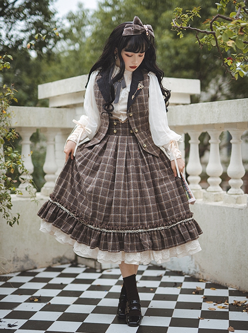 Classic Campus Plaid Design High Waist Buttons Trim Pleated Ruffle Lolita Skirt