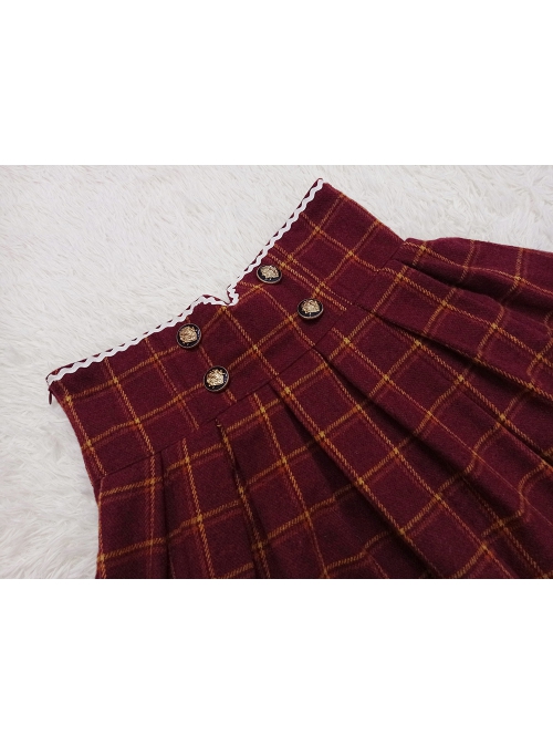 Classic Campus Plaid Design High Waist Buttons Trim Pleated Ruffle Lolita Skirt