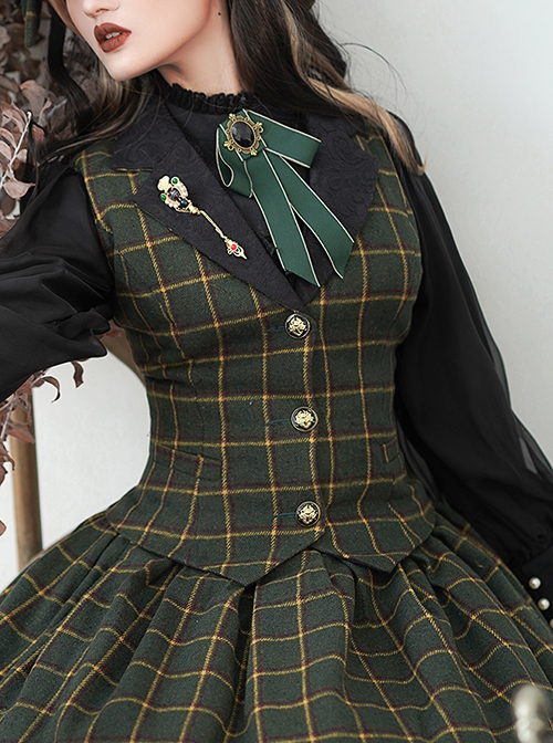 Classic Campus Plaid Design Handsome Black Lapel Metal Button Decoration Lolita Vest