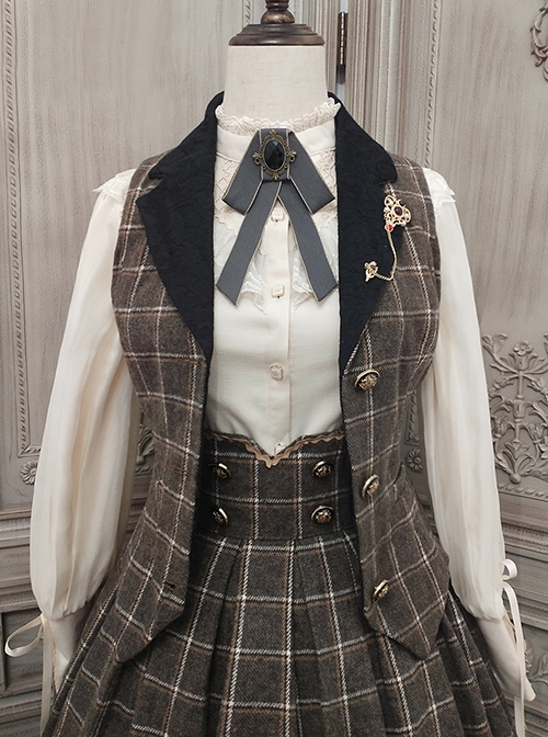Classic Campus Plaid Design Handsome Black Lapel Metal Button Decoration Lolita Vest