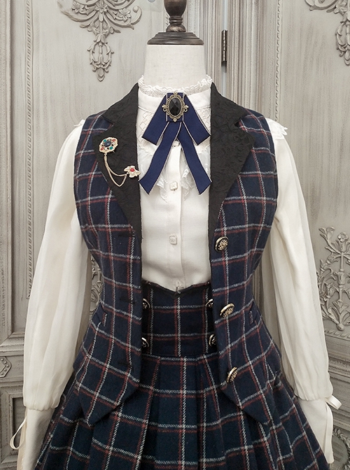 Classic Campus Plaid Design Handsome Black Lapel Metal Button Decoration Lolita Vest