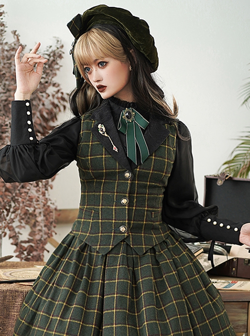 Classic Campus Plaid Design Handsome Black Lapel Metal Button Decoration Lolita Vest