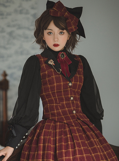 Classic Campus Plaid Design Handsome Black Lapel Metal Button Decoration Lolita Vest