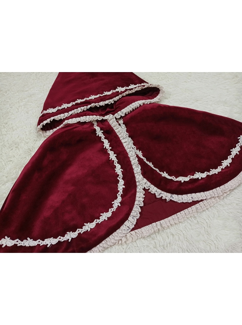Cute Velvet Peaked Hat Design Jacquard Lace Trim Classic Lolita Short Cloak